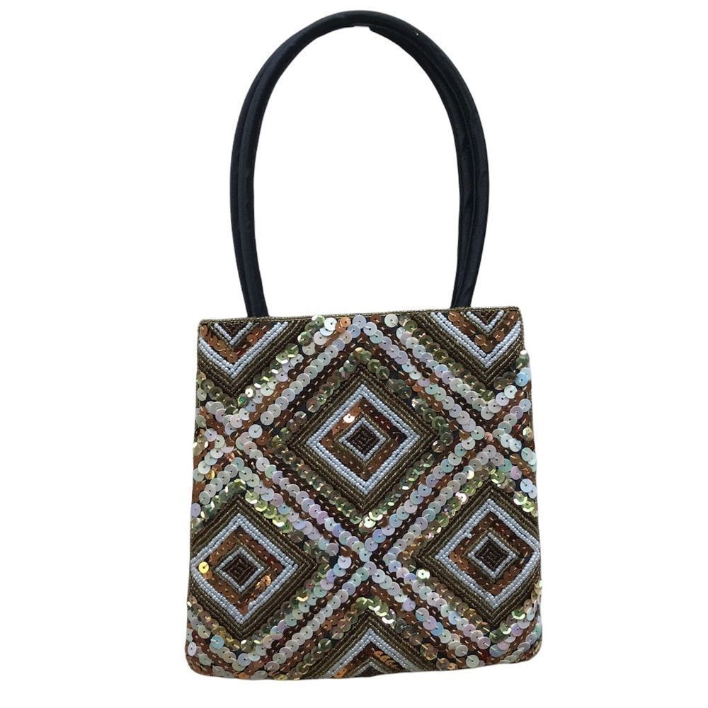 COMECO SEQUENCE NIGHT OUT HANDBAG GOLD BROWN PEARL WHITE